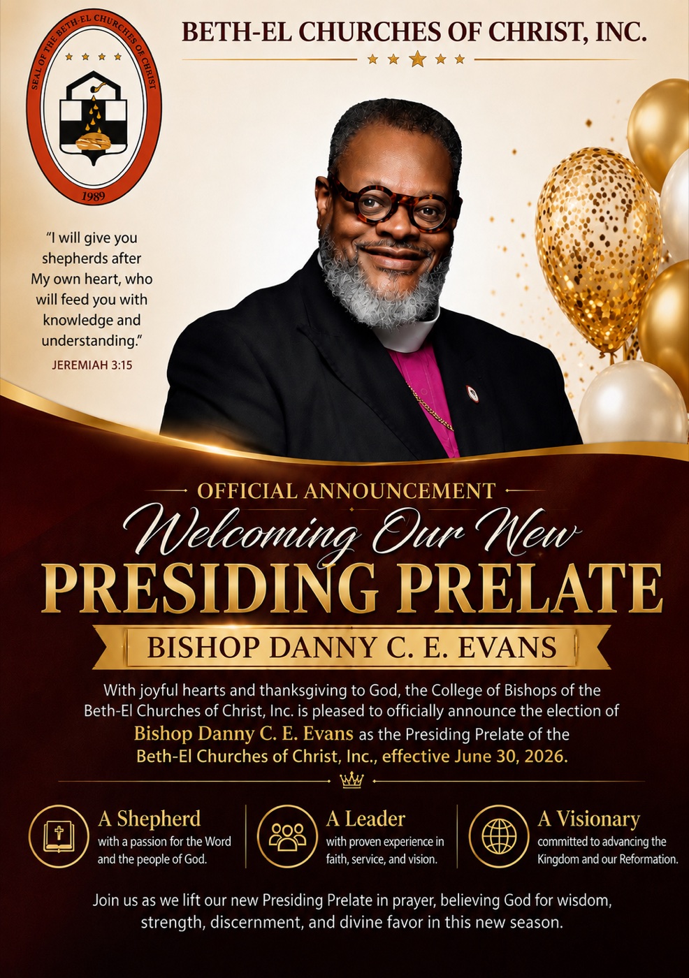Official announcement welcoming Bishop Danny C. E. Evans as Presiding Prelate, effective June 30, 2026